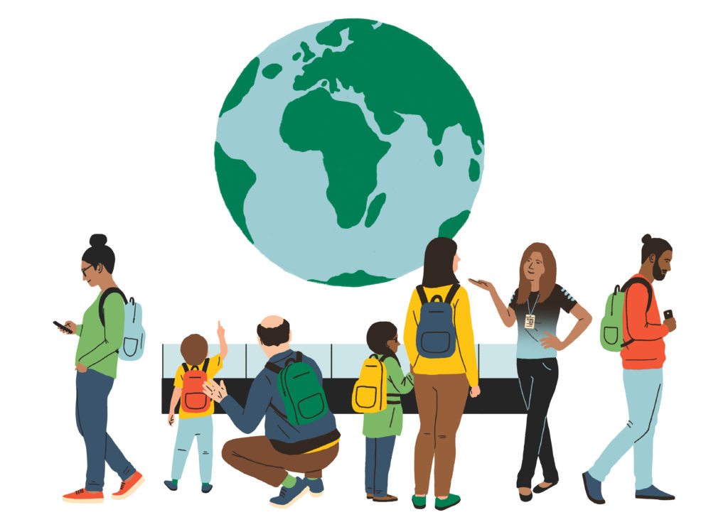 Illustration of hanging globe exhibit in Science Museum with staff member engaging family groups.