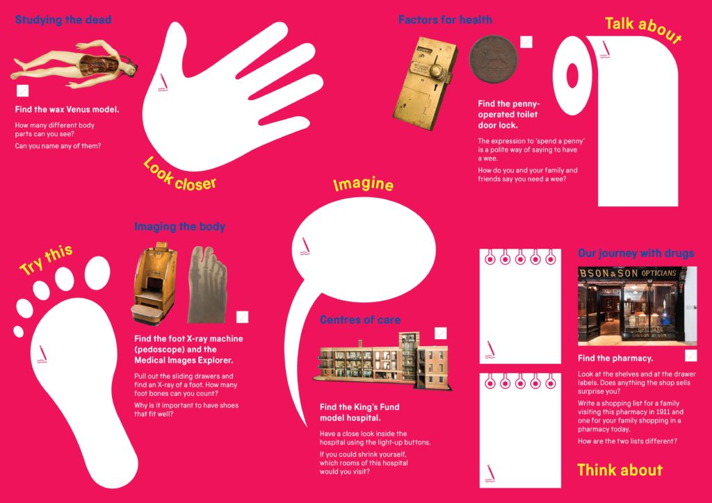 The inside of the Marvels of Medicine Activity Trail with challenges to look closer, try this, imagine, think about and talk about.