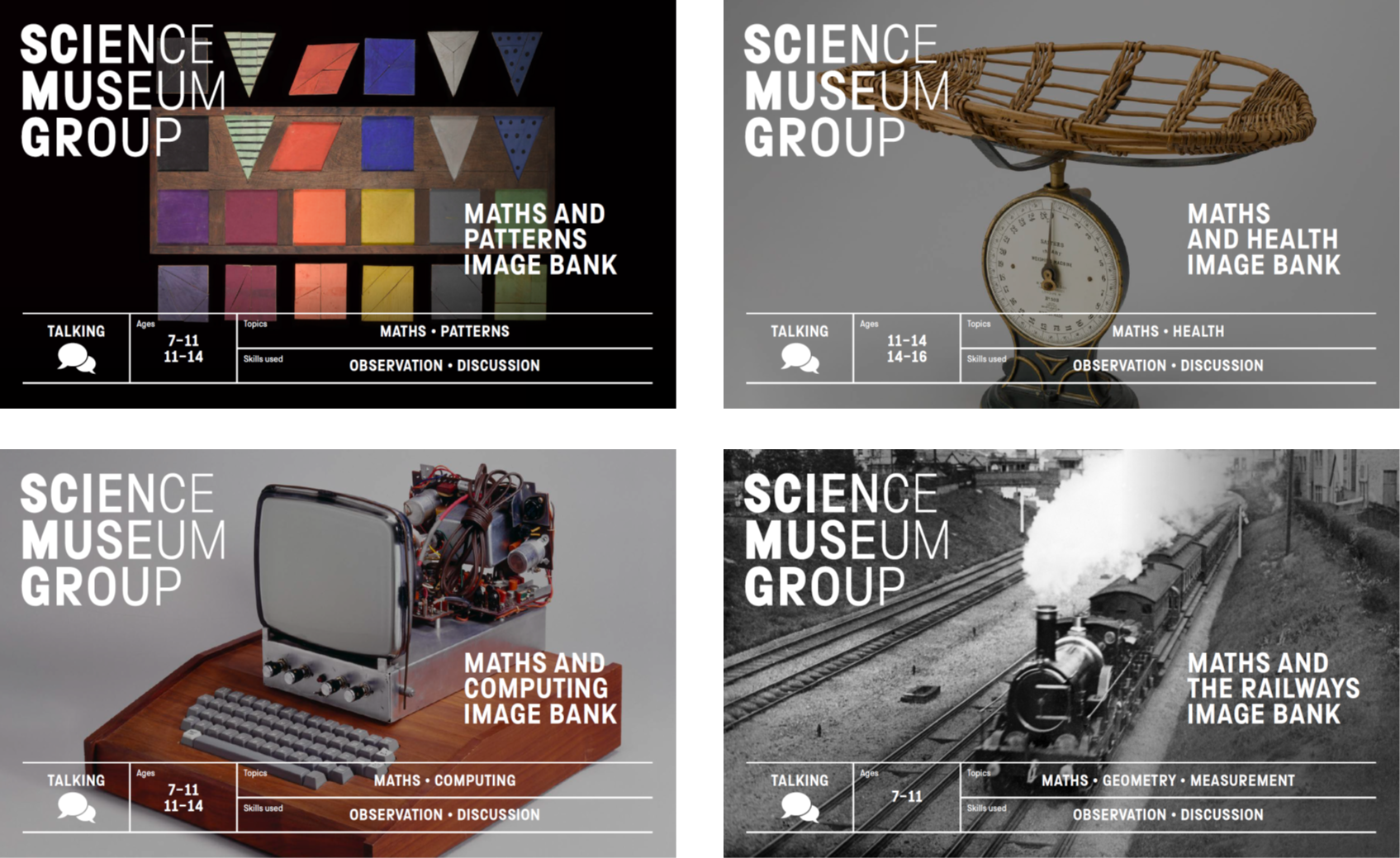 Our four maths image banks: maths and patterns, maths and health, maths and computing, maths and the railways.