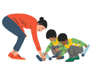 In a hand drawn illustration style. A grown up bends over to help two young children put together a piece of pipe. 