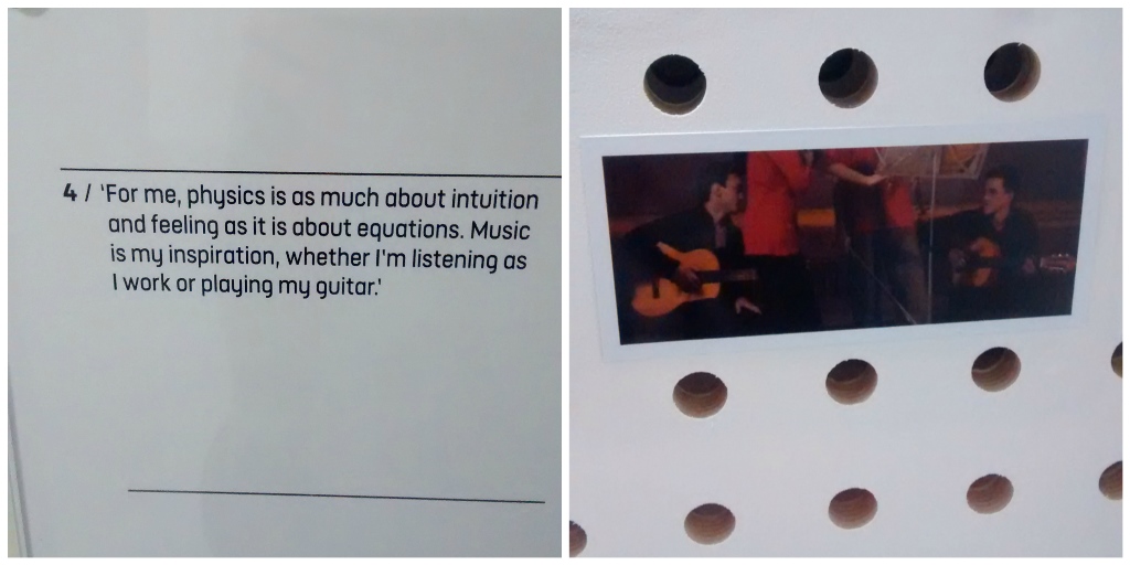 Image of physicist playing guitar, label: 'for me, physics is as much about intuition and feeling as it is about equations. Music is my inspiration, whether I'm listening as I work or playing my guitar.'