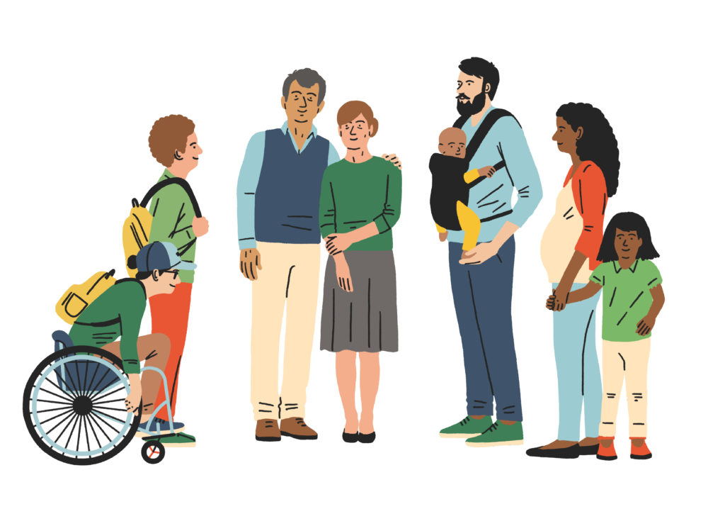 Illustration of a group of people across ages, genders, abilities and races.