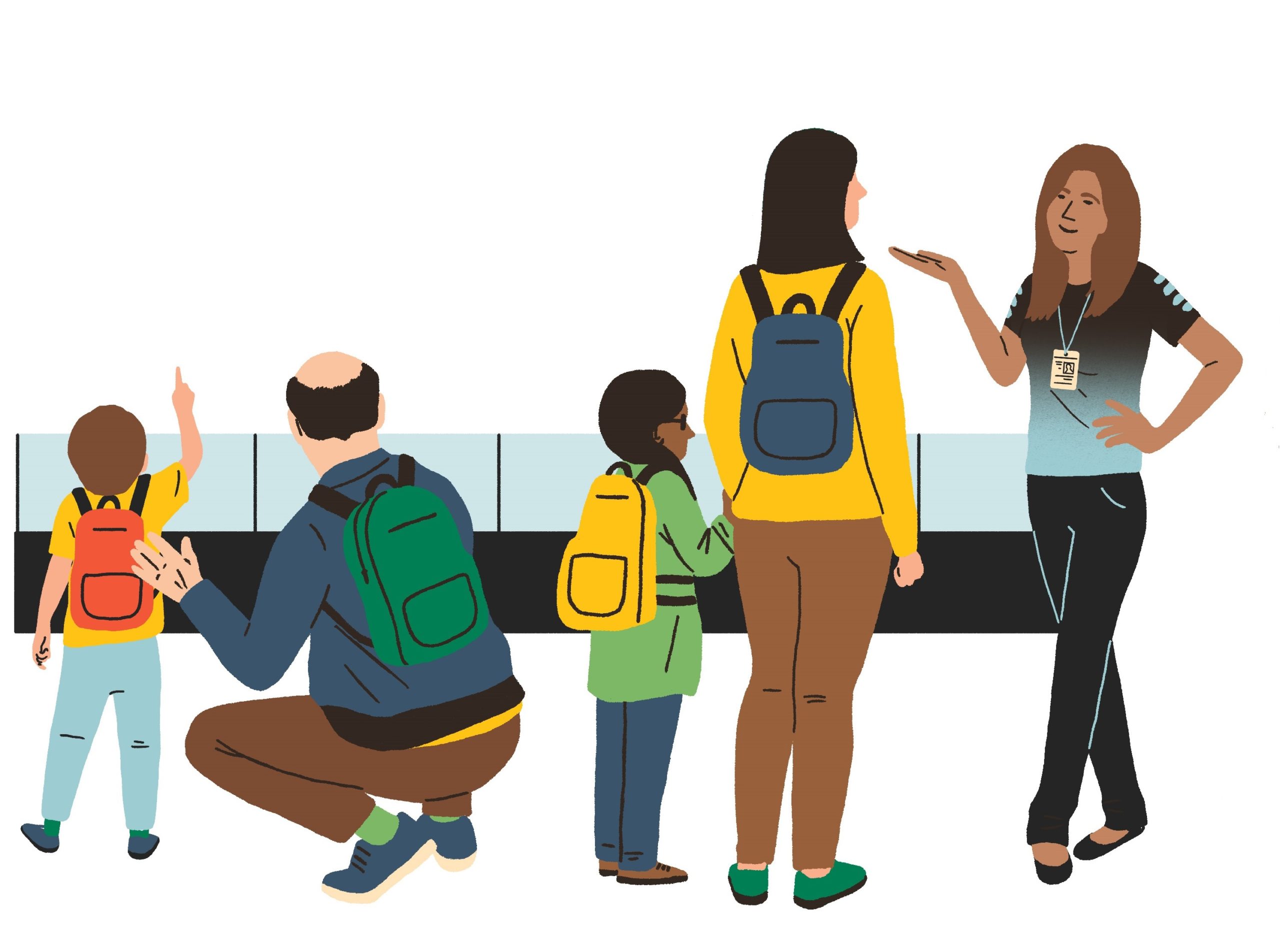 Hand-down people gathered together. A female museum worker is talking to a mother and her child whilst a father is crouched down next to a second second who is pointing upwards as if they've seen something that has captured their interest.