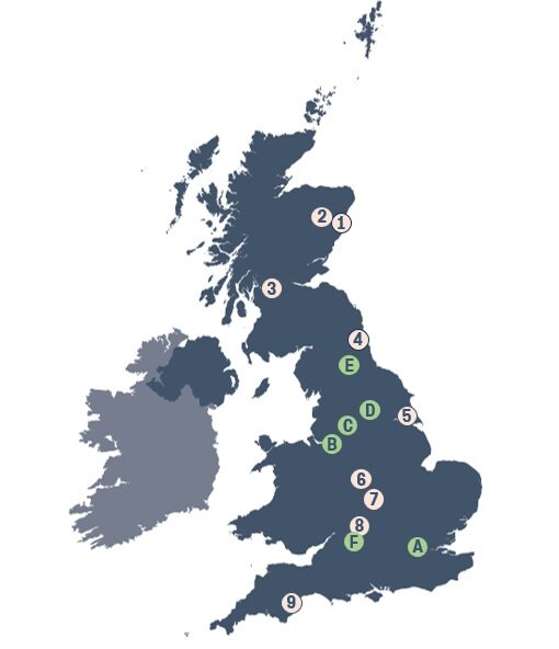 Map of the UK showing geographical location of Science in Your World partners